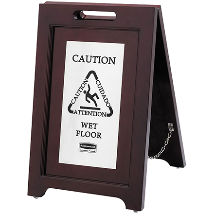 Wooden Wet Floor Sign - 2-Sided Multi-Lingual Stand